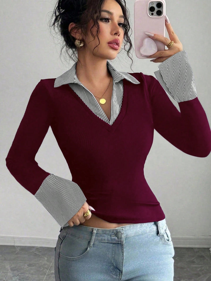 Ladies fine knit sweater with integrated shirt collar and striped cuffs Amarae