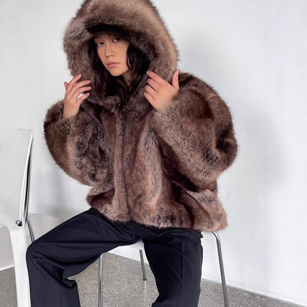 Women's Boxy Faux Fur Hoodie with Voluminous Hood and Loose Silhouette Amarae