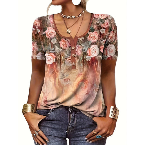 Short sleeve women's t-shirt with heart-shaped floral design and button placket Amarae