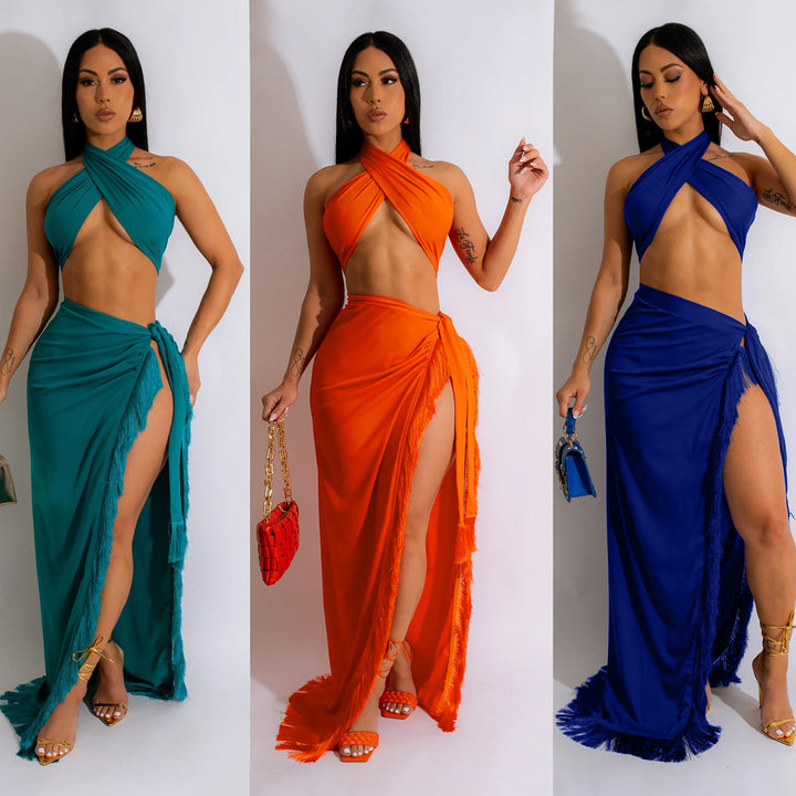 Elegant Cross Neck Maxi Dresses for Women with High Chic Slit and Style