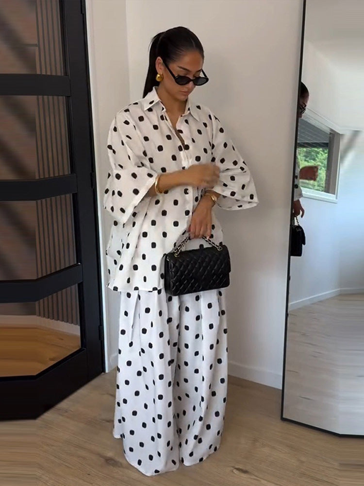Women's Two-Piece Oversized Blouse and Palazzo Pants Set with Polka Dot Pattern Amarae