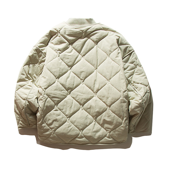 Unisex Lightweight Boxy Puffer Jacket with distinctive diamond quilting, front round pockets, and ribbed collar Amarae
