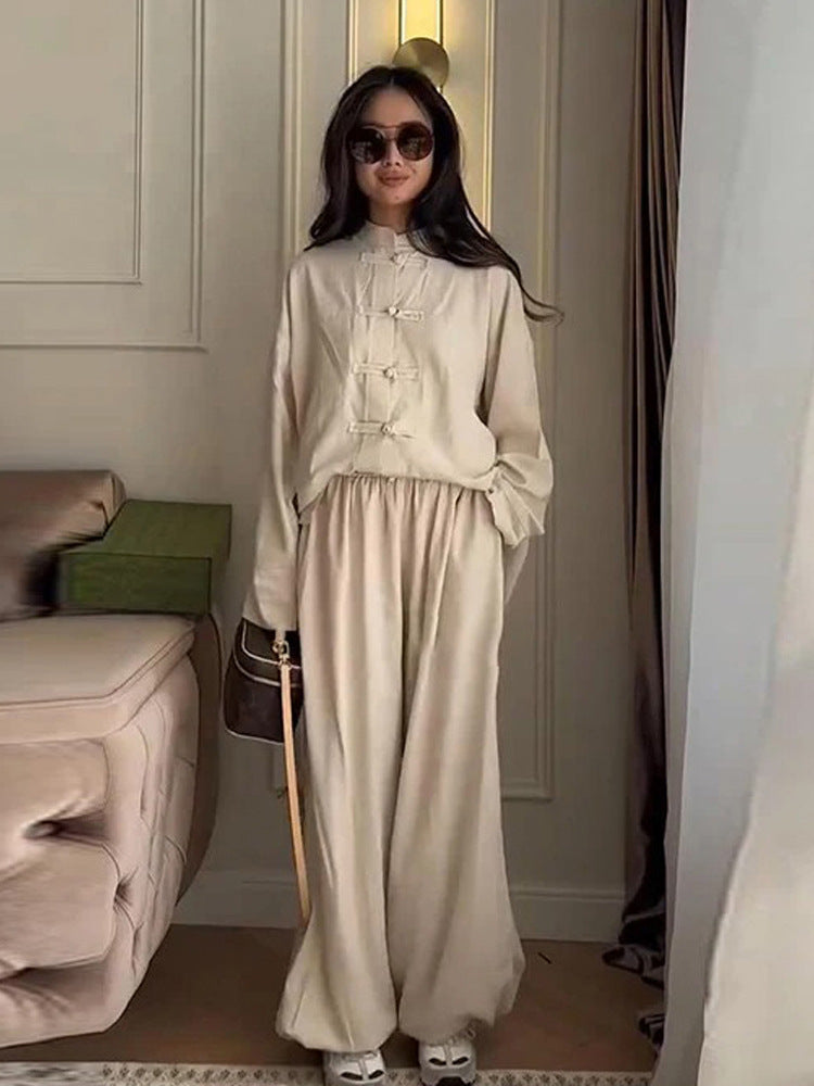 Women Two-Piece Oversize Lounge Set with Stand-Up Collar and Decorative Knot Closures Amarae