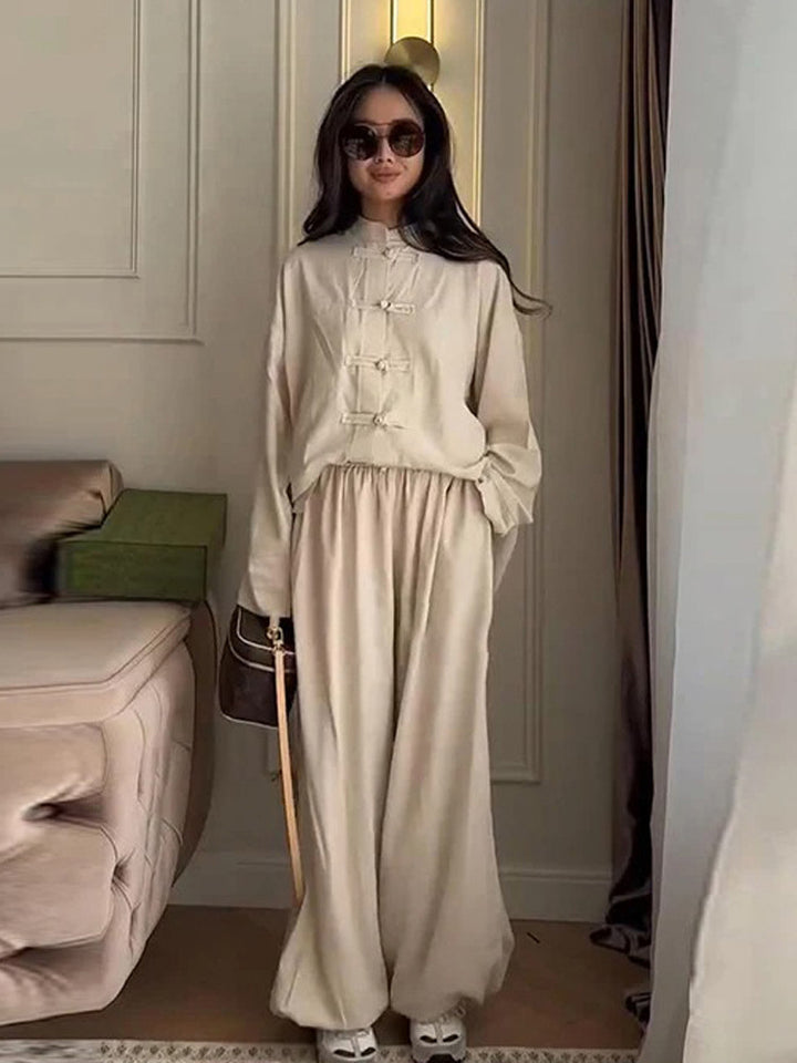 Women Two-Piece Oversize Lounge Set with Stand-Up Collar and Decorative Knot Closures Amarae