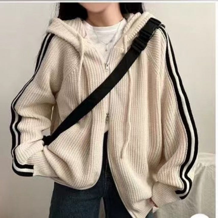 Casual knit hooded sweater for women with a deep V-neckline and chic side stripes
