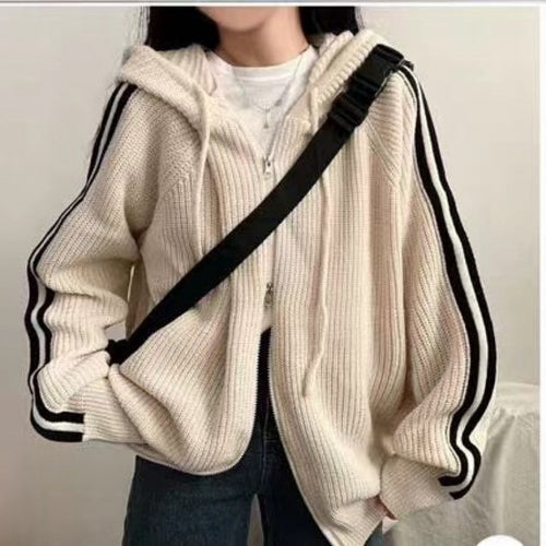 Casual knit hooded sweater for women with a deep V-neckline and chic side stripes
