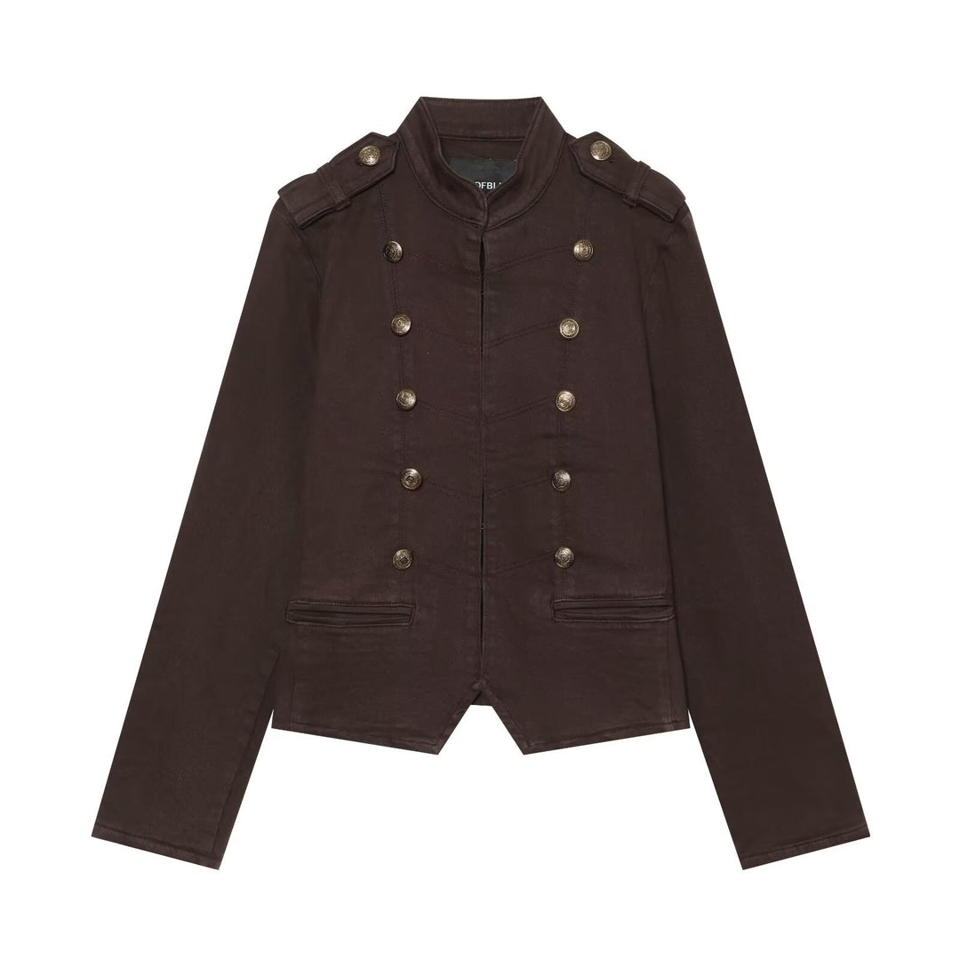Women's Short Military Jacket in Double-Breasted Style with Stand-Up Collar and Epaulettes Amarae