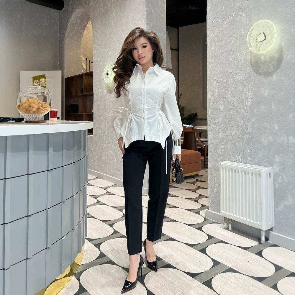 Women's Tailored Shirt Blouse with Drawstring Waist & Extra Long Cuffs Amarae