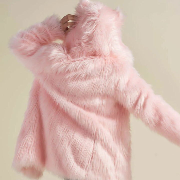 Women's Longer Hooded Faux Fur Coat with Animal Ears and Fluffy High Pile Amarae