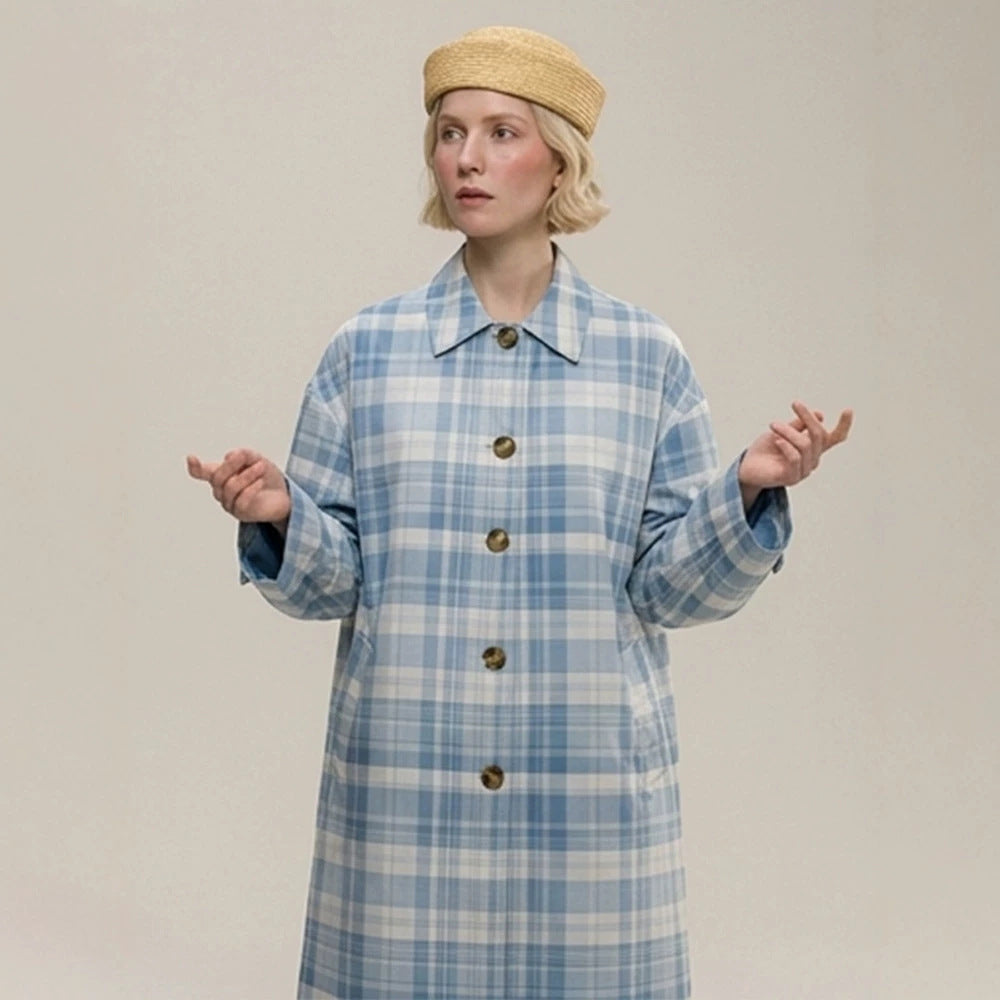 Women's Checked Lightweight Trench Coat with Mid-Length Oversized Silhouette Amarae