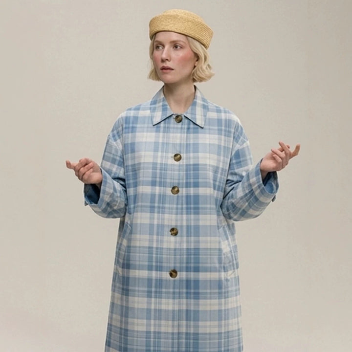 Women's Checked Lightweight Trench Coat with Mid-Length Oversized Silhouette Amarae