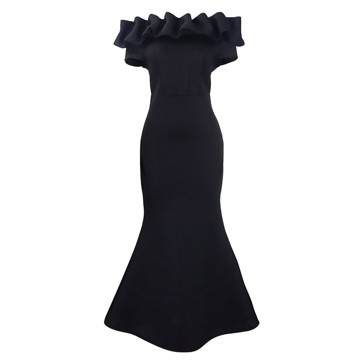 Fitted evening dress for women with voluminous ruffle collar Lune London
