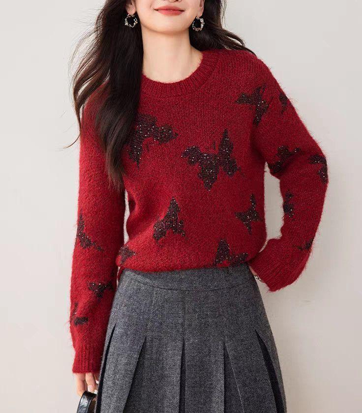 Pull tricoté élégant pour femmes avec des appliqués papillon étincelants Chic & Stil