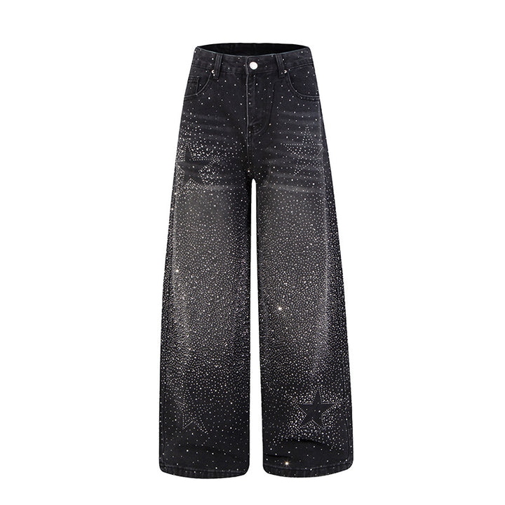Women wide high-cut palazzo jeans with glitter effect and vintage wash Amarae