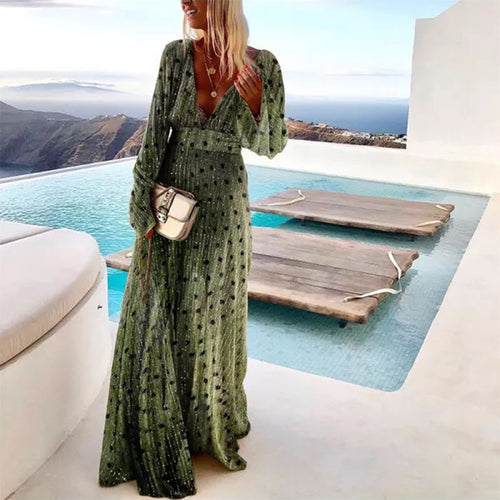 Women's maxi dress with elegant V-neck and flowing sleeves