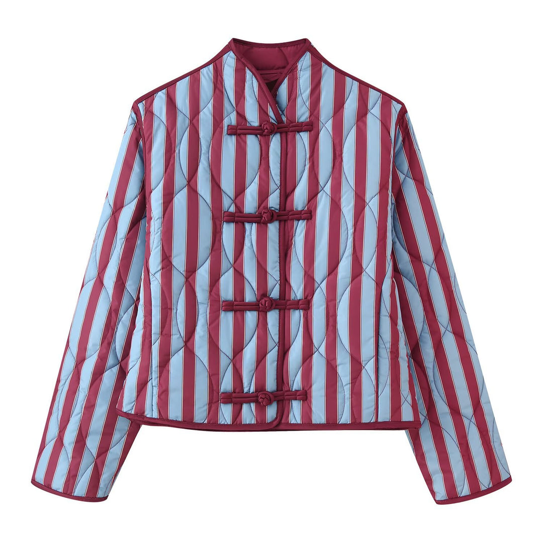 Women Padded Jacket with Stand-up Collar, Striped Quilting and Knot Closures Amarae