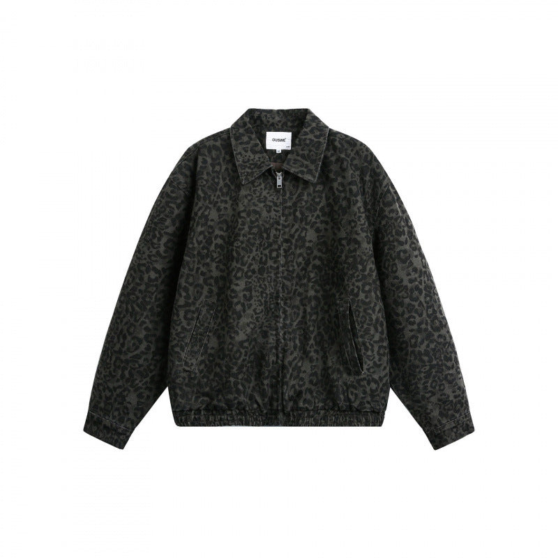 Men's Loose Boxy Jacket with Leopard Print, Full Zip and Elastic Hem Amarae