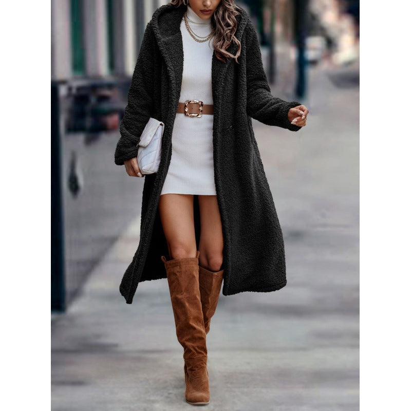 Women's Maxi Length Teddy Coat with Hood and Double Button Placket Amarae