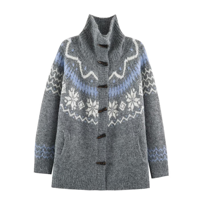 Women’s Norwegian cardigan with stand-up collar and wooden button closures Amarae