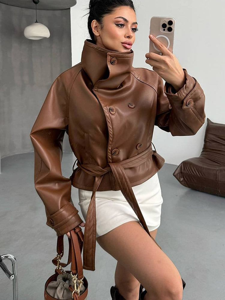 Women Tailored Short Blouson Jacket made of Imitation Leather with High Stand-up Collar and Ties Belt Amarae