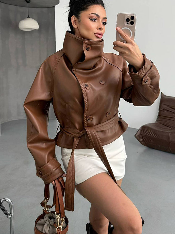 Women Tailored Short Blouson Jacket made of Imitation Leather with High Stand-up Collar and Ties Belt Amarae