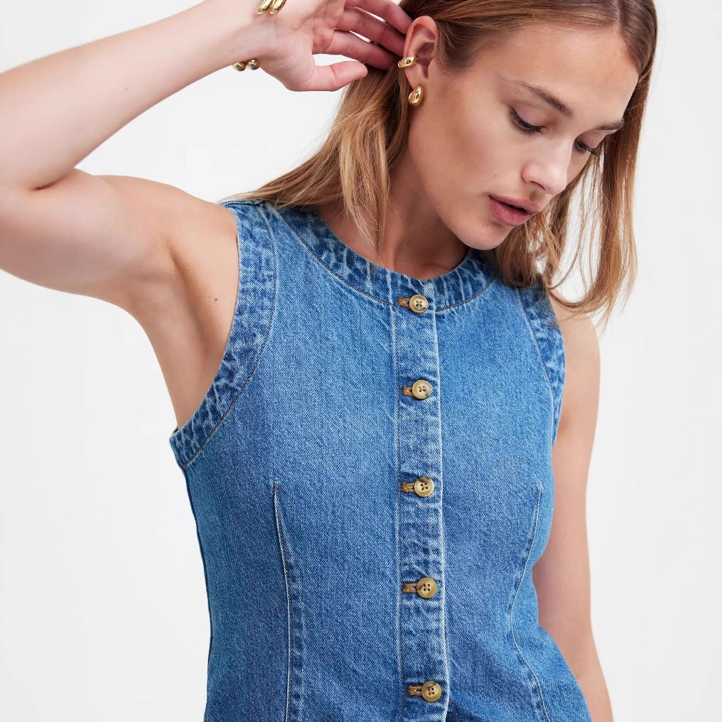 Women's jeans vest with asymmetrical cut and decorative buttons Lune London