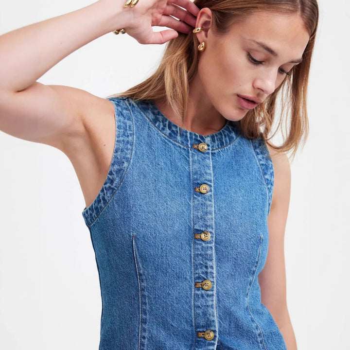 Women's jeans vest with asymmetrical cut and decorative buttons Lune London