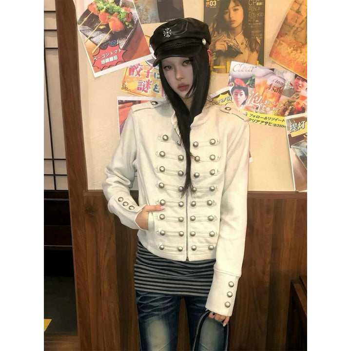 Women Short Military Inspired Jacket with Double Decorative Button Placket and Cuffs Amarae