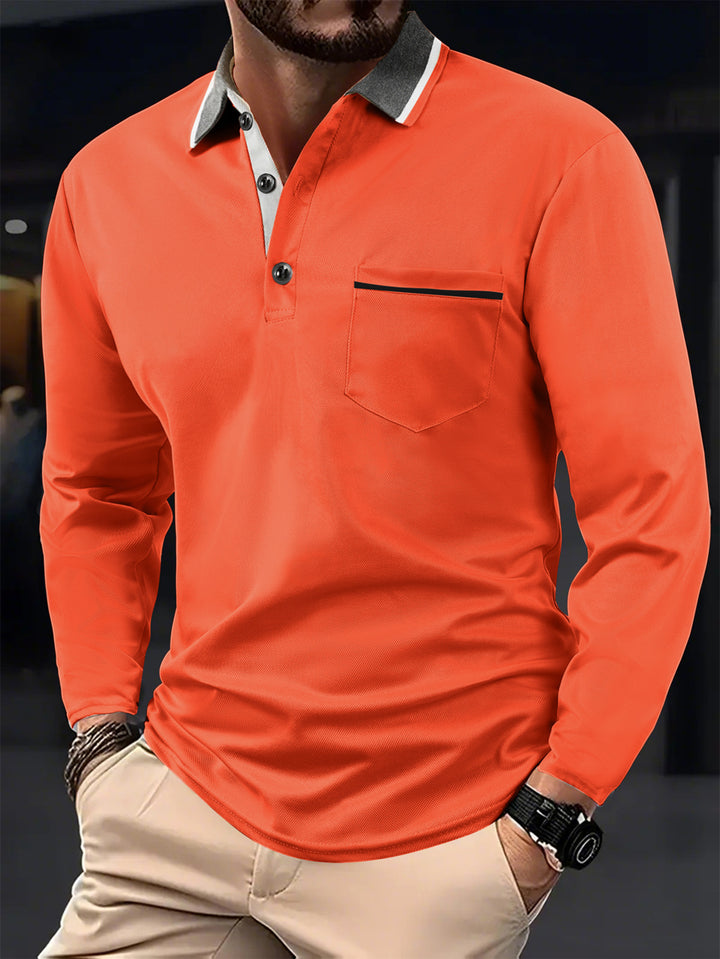 Men's long sleeve polo with textured collar and chest pocket Lune London