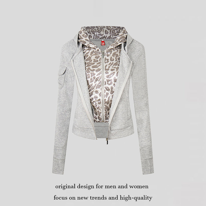 Women's Layered Look Zip Hoodie with Metallic Leopard Lining and Slim Silhouette Amarae