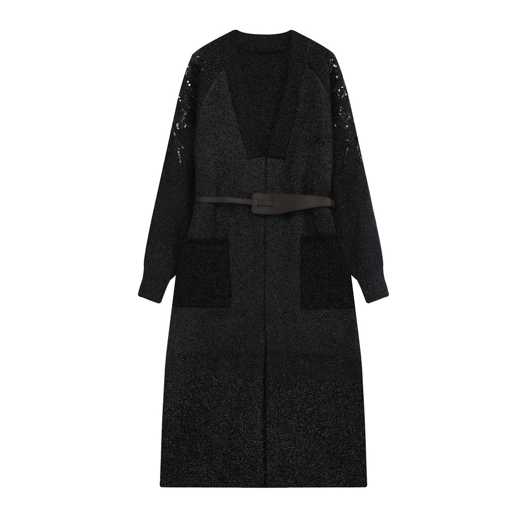 Women's knit midi dress with deep V-neck, waist belt, and sequin-adorned sleeves Amarae