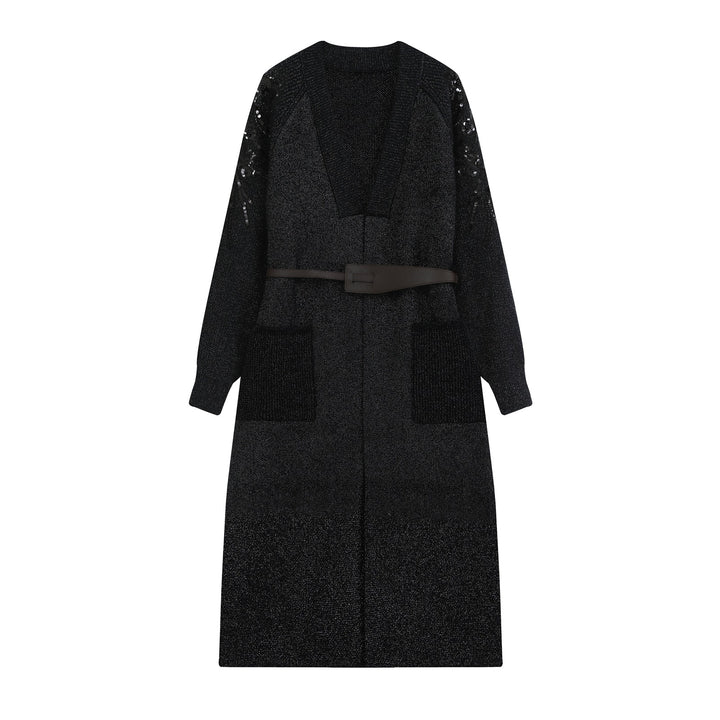 Women's knit midi dress with deep V-neck, waist belt, and sequin-adorned sleeves Amarae