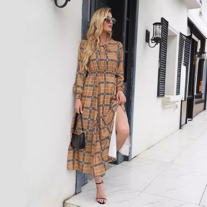 Plaid pattern maxi dress for women with a waist belt and ruffles Lune London