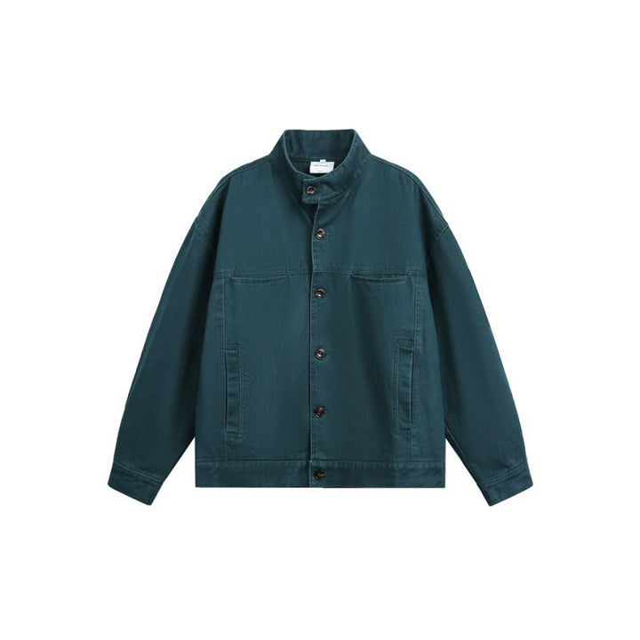 Men's Loose Canvas Overshirt with Stand-Up Collar, Patch Pockets and Distinctive Stitching Details Amarae