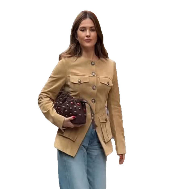 Women’s short jacket in military utility style with patched flap pockets and round neckline Amarae