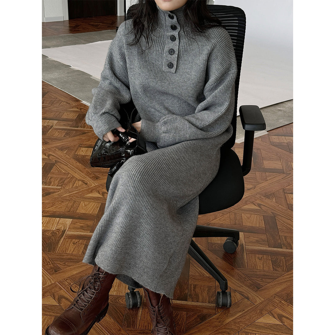 Ladies knit dress with button placket at the stand collar and ribbed texture Amarae