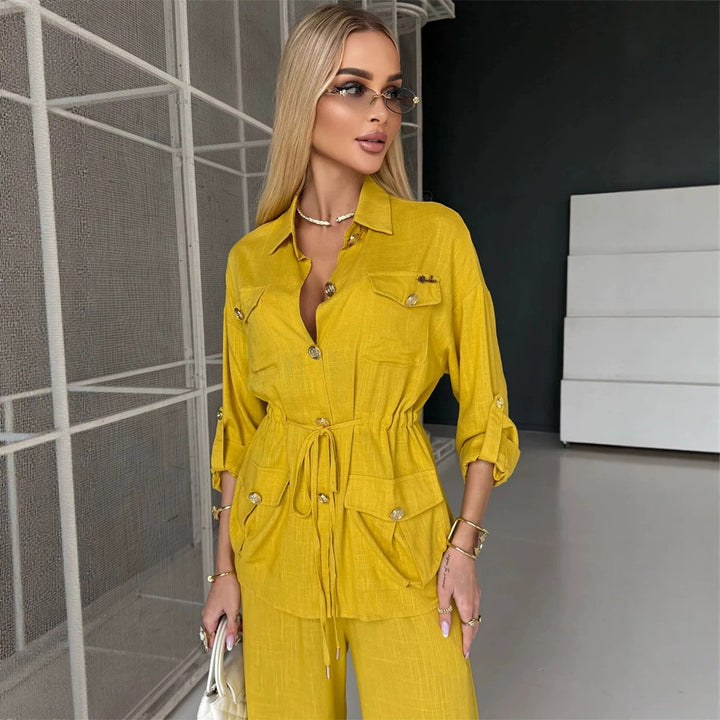 Women's Linen Look Utility Shirt Jacket with Drawstring Waist and Golden Decorative Buttons Amarae