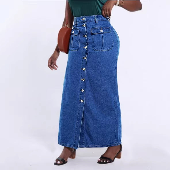 Women's long cut high-waist denim maxi skirt with a continuous button placket and patch pockets Amarae