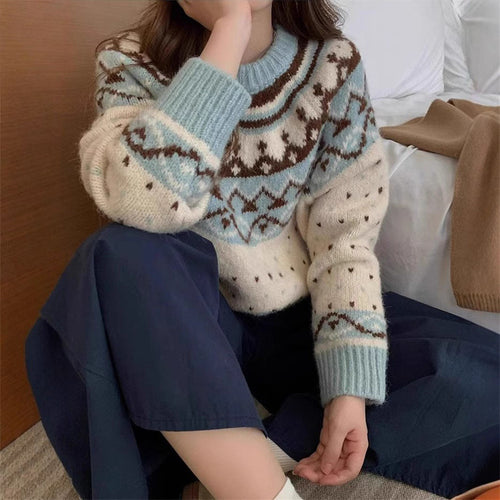 Knitted sweater for women with graphic Norwegian pattern and high round neckline Amarae