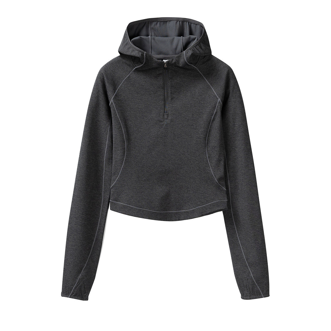 Women's Cropped Technical Hoodie with Half Zip, Hood and Thumb Holes Amarae