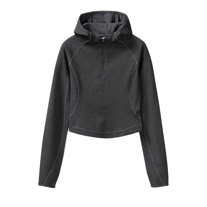 Women's Cropped Technical Hoodie with Half Zip, Hood and Thumb Holes Amarae