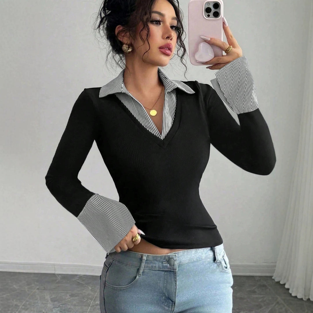 Ladies fine knit sweater with integrated shirt collar and striped cuffs Amarae