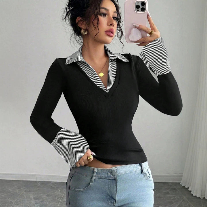 Ladies fine knit sweater with integrated shirt collar and striped cuffs Amarae