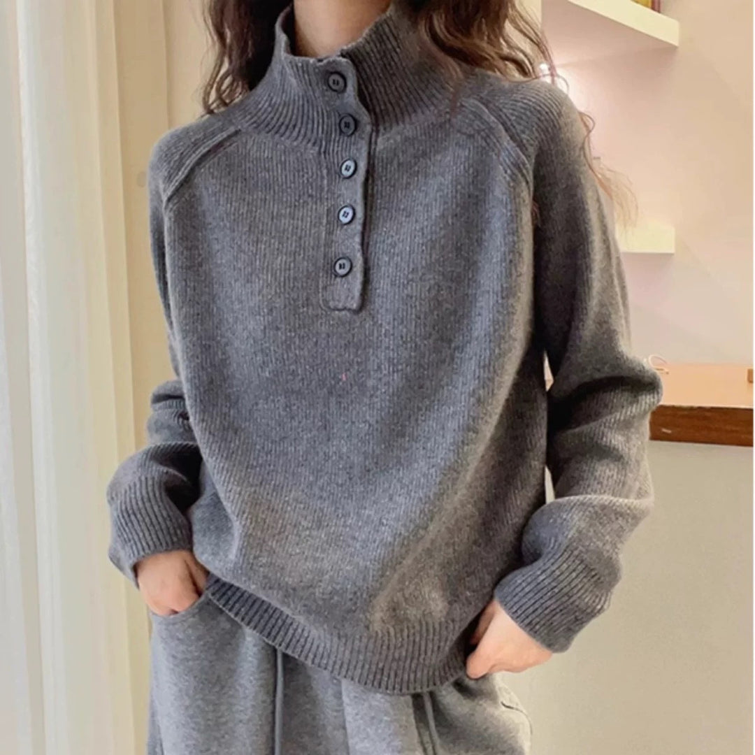 Femme Pull Tricoté Confortable avec Patte de Boutons Chic & Stil
