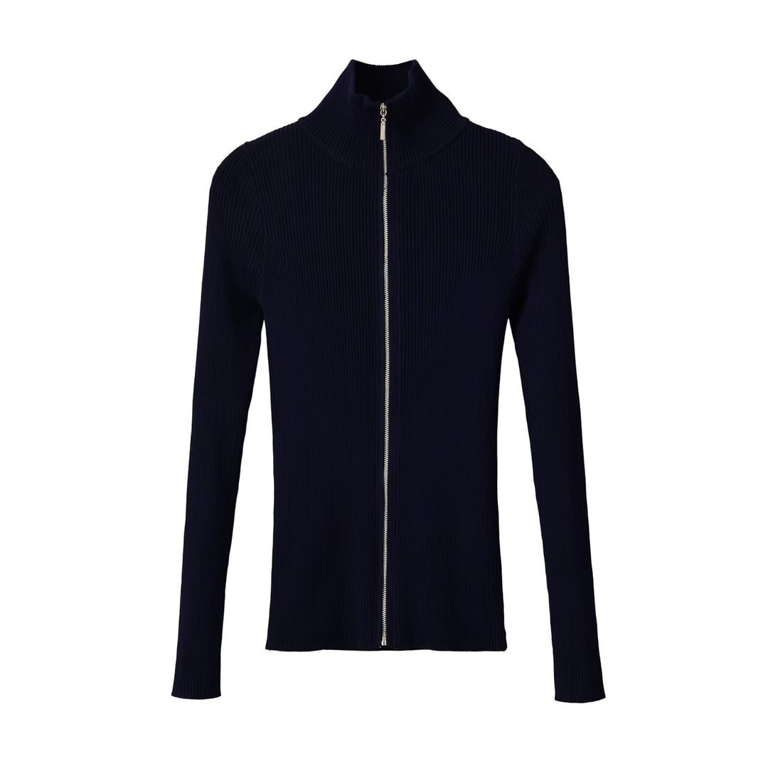 Women's Ribbed Fine Knit Cardigan with Full Zip and Stand-Up Collar Amarae