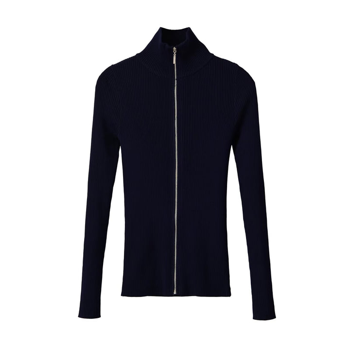 Women's Ribbed Fine Knit Cardigan with Full Zip and Stand-Up Collar Amarae
