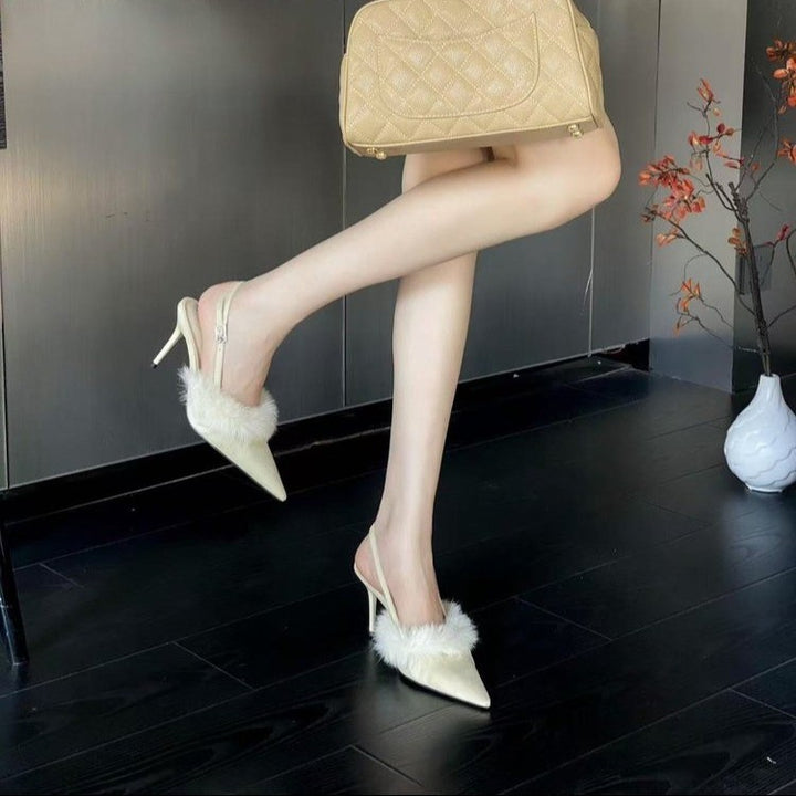 Ladies Slingback Pumps with luxurious fur trim and elegant pointed toe design Lune London