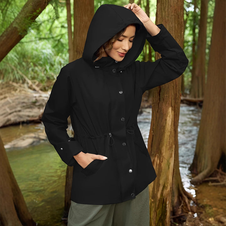 Functional transitional jacket for women with adjustable waist and hood Lune London