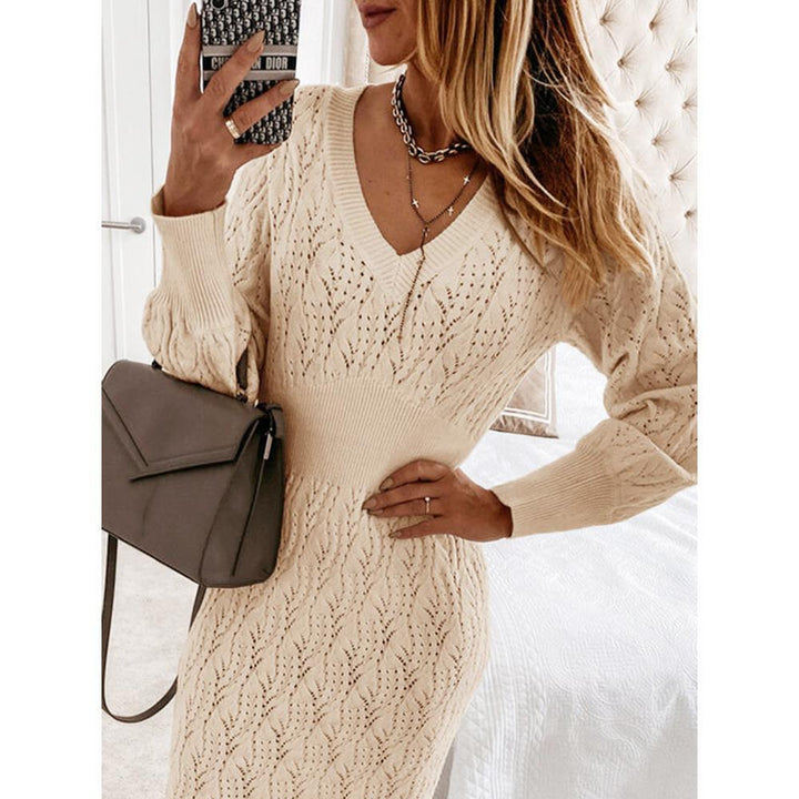 Knitted dress for women with semi-transparent pattern and elegant V-neck Lune London