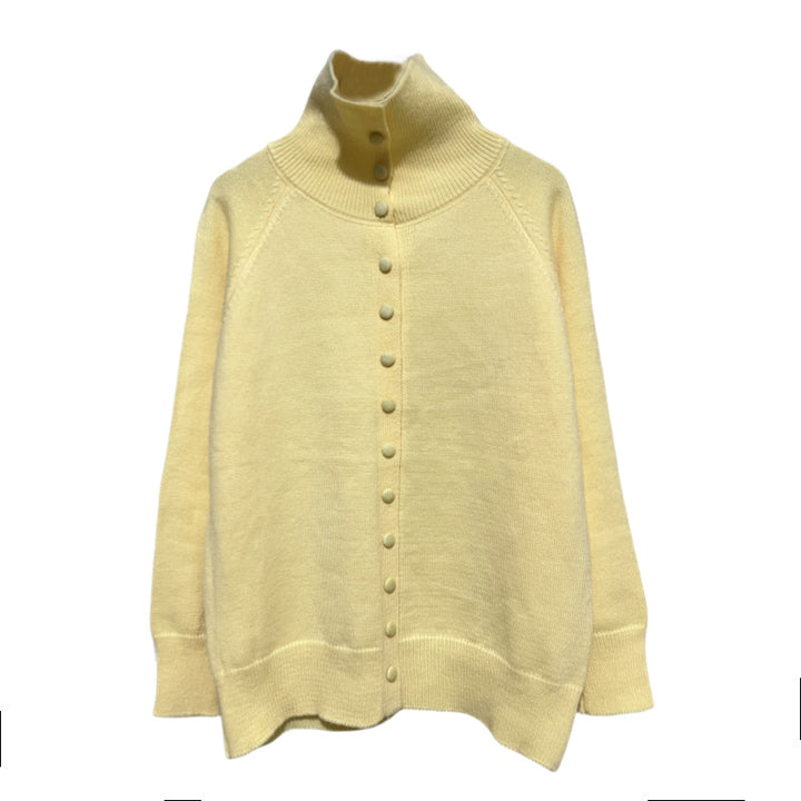 Ladies high-quality knitted cardigan with a high collar and button details Lune London